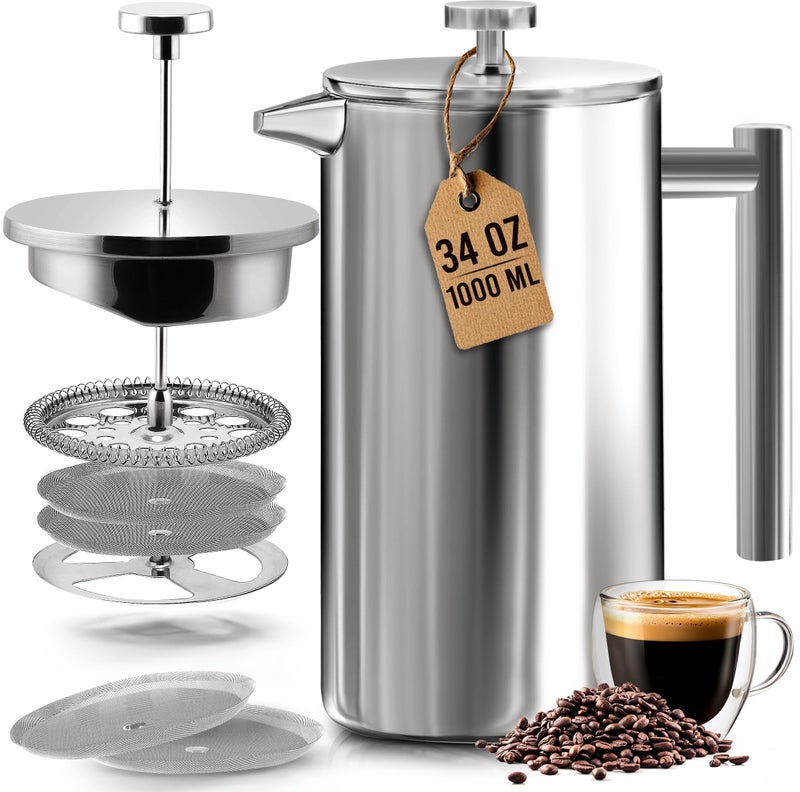 Utopia Kitchen 304 Grade Stainless Steel French Press Coffee Maker 34 Oz, Double Wall Insulated Coffee Press with 4-Level Filtration System, Include 2 Extra Filters, Rust-Free, Dishwasher Safe, Silver - Image 1